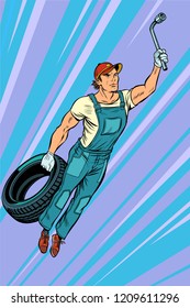 man mechanic tire. flying superhero help. Pop art retro vector illustration vintage kitsch