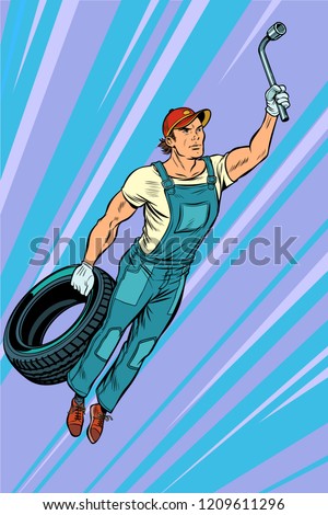 man mechanic tire. flying superhero help. Pop art retro vector illustration vintage kitsch