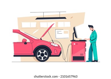 Man mechanic work on car service station and provide diagnostic vector illustration. Worker check car engine flat style. Pit stop concept