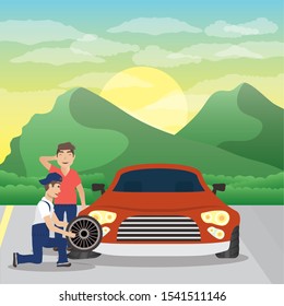 man mechanic working in car changing tyre vector illustration design