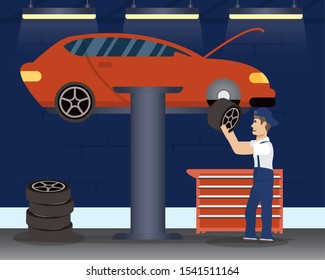 man mechanic working in car changing tyre vector illustration design