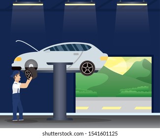 man mechanic working in car changing tyre vector illustration design