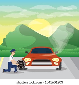 man mechanic working in car changing tyre vector illustration design