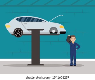 man mechanic working in car changing tyre vector illustration design