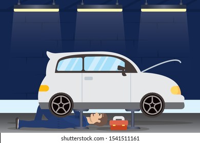 man mechanic working in car character vector illustration design