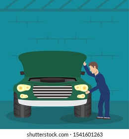 man mechanic working in car character vector illustration design