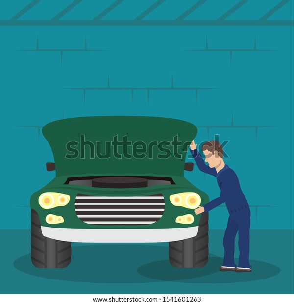 man mechanic working in car character vector\
illustration design