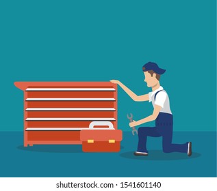 man mechanic working in mechanical workshop vector illustration design
