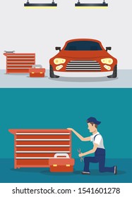 man mechanic working in mechanical workshop vector illustration design