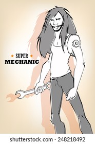 Man mechanic. A mechanic with a wrench in his hand.
