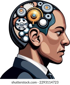 Man with mechanical brains multicolor vector illustration isolated on white background