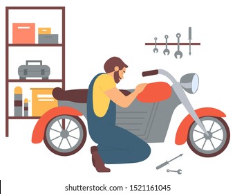 Man at mechanics shop vector, person fixing motorcycle, hobby of male in garage with tools. Person tunning motorbike, transport fixation machinery interest