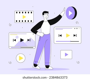 Man with media player line concept. Young man with buttons. UI and UX design for mobile application or program. Multimedia and interesting content. Linear flat vector illustration