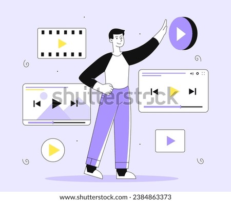 Man with media player line concept. Young man with buttons. UI and UX design for mobile application or program. Multimedia and interesting content. Linear flat vector illustration