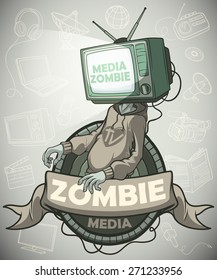 Man Media zombie with retro tv instead of the head. Label.  Against the background of the objects associated with the mass media