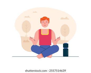 Man mediating in the park, yoga relaxing with nature. Character design. Vector flat illustration