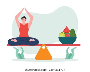 Hombre mediando yoga sentado en una sierra con comida saludable, fruta fresca, estilo de vida relajante. Diseño de caracteres. Ilustración plana del vector