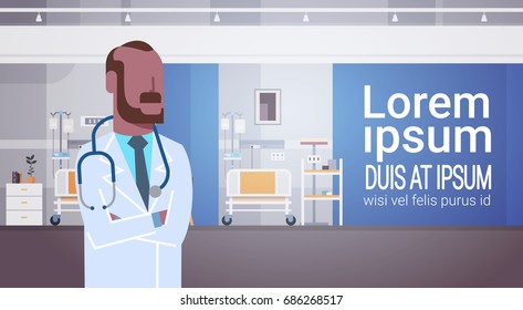 Man Medical Doctor Clinics Hospital Interior Medicine Worker Flat Vector Illustration