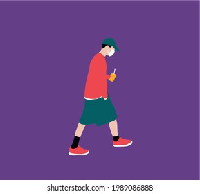Man with medical face mask holding coffee in hands. Trendy person covering face protection from virus. Vector illustration in cartoon style