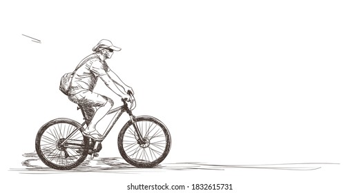Man in medical face mask riding bicycle Vector drawing, People at coronavirus pandemic sketch, Hand drawn illustration isolated on white background with space for text