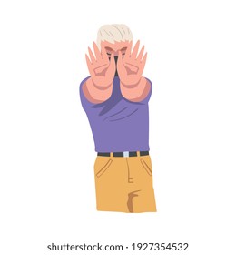 Man in Medical Face Mask Showing Stop Virus Sign with His Hand Vector Illustration