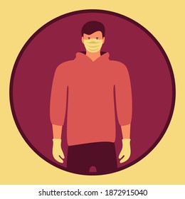 man with medical face mask. white glves vector icon. coronavirus sign flat design. male or person with covid-19 viral. save life and stay home symbol. corona virus on background. lockdown illustration