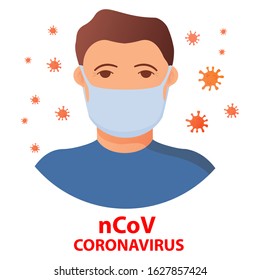 Man in medical face mask.Dangerous chinese coronavirus quarantine.Character mask protection against germs of infection.Medical disease protection concept. Vector flat illustration.