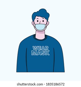 Un hombre con máscara de protección facial médica. y usando la ropa de diseño de la camiseta usar máscara. con ilustración vectorial de estilo plano. conceptos de enfermedad, coronavirus, contaminación, covid19