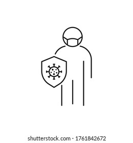 Man in medical facemask with shield. Protected from virus line icon. Fight COVID-19 symbol concept. Vector illustration