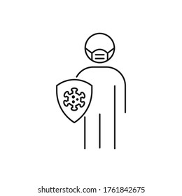 Hombre en máscara médica con escudo. Protegido del icono de línea de virus. Combate el concepto de símbolo COVID-19. Ilustración del vector