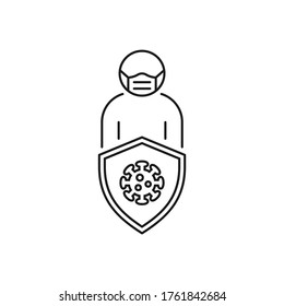 Man in medical facemask with shield. Protected from virus line icon. Fight COVID-19 symbol concept. Vector illustration