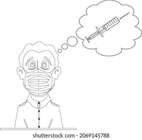A man in a medical mask is afraid of a shot of vaccination coloring book. Vector illustration on the topic of medicine.