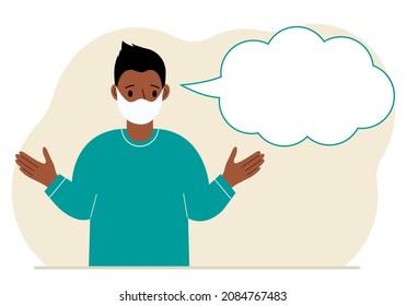 Man with medical mask and blank thoughts, speech bubble. Hands are spread apart. Place for your text. Vector flat illustration