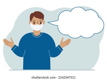 Man with medical mask and blank thoughts, speech bubble. Hands are spread apart. Place for your text. Vector flat illustration