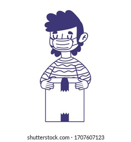 man with medical mask and cardboard box delivery online shopping covid 19 vector illustration line style