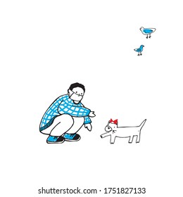 man in a medical mask with a cat vector hand drawn illustration print