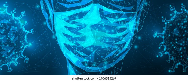 Man in a medical mask close-up. Protection against dangerous infectious coronavaris virus COVID-19. Chemical protection, biosecurity. Innovative medicine and technology. Low poly vector illustration.