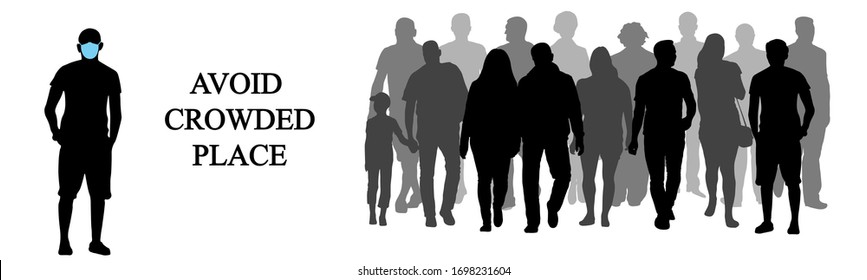 Man In Medical Mask And Crowd Of People. Avoid Crowded Place, Vector Illustration.