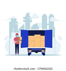 Man in medical mask delivered the parcel. Courier brought the parcel by car in the city flat design vector illustration