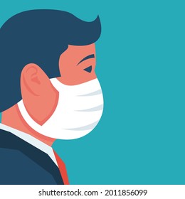 Man in a medical mask. Face mask. Close up young man in protective respiratory mask. Vector illustration flat design. Isolated on background.