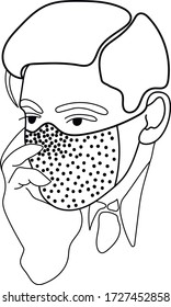 The man in the medical mask. The face of a man in a poppy with his hand on his face. Linear art. Black and White
