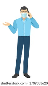 The man in medical mask gesturing and talking on the mobile phone. Full length portrait of man in a flat style. Vector illustration.