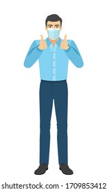 The man in medical mask with hand in pocket  showing thumb up. Full length portrait of man character in a flat style. Vector illustration.