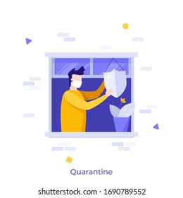 Man with medical mask hanging shield on window. Stay Home concept, self-isolation, quarantine, measure against viral infection spread, protection against COVID-19 pandemic. Flat vector illustration.