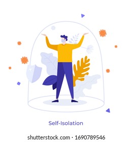 Man with medical mask hiding under glass dome. Stay Home concept, self-isolation, quarantine, protection from coronavirus pandemic, viral infection, social distancing. Modern flat vector illustration.