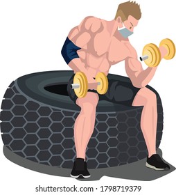 A man with medical mask holding barbell while sitting on a huge tire