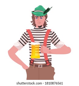 man in medical mask holding beer mug Oktoberfest party celebration coronavirus quarantine concept guy in german traditional clothes portrait vector illustration