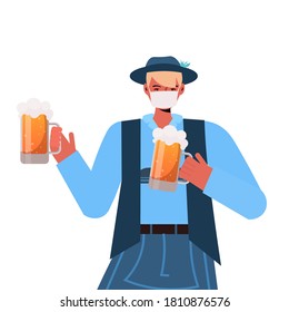 man in medical mask holding beer mugs Oktoberfest party celebration coronavirus quarantine concept guy in german traditional clothes portrait vector illustration