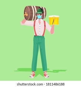 man in medical mask holding beer mugs and barrel Oktoberfest party celebration coronavirus quarantine concept guy in german traditional clothes full length vector illustration