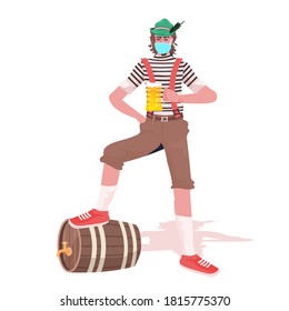 man in medical mask holding beer mug Oktoberfest party celebration coronavirus quarantine concept guy in german traditional clothes full length vector illustration